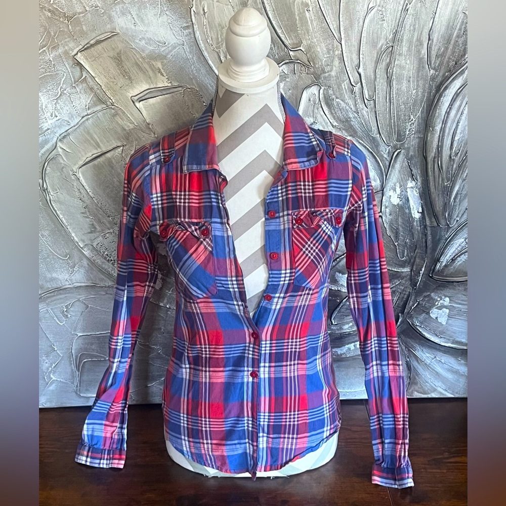 Matix Button Up Flannel Plaid-Long Sleeve Shirt Top Blouse-Blue, Pink, Red-Sz S